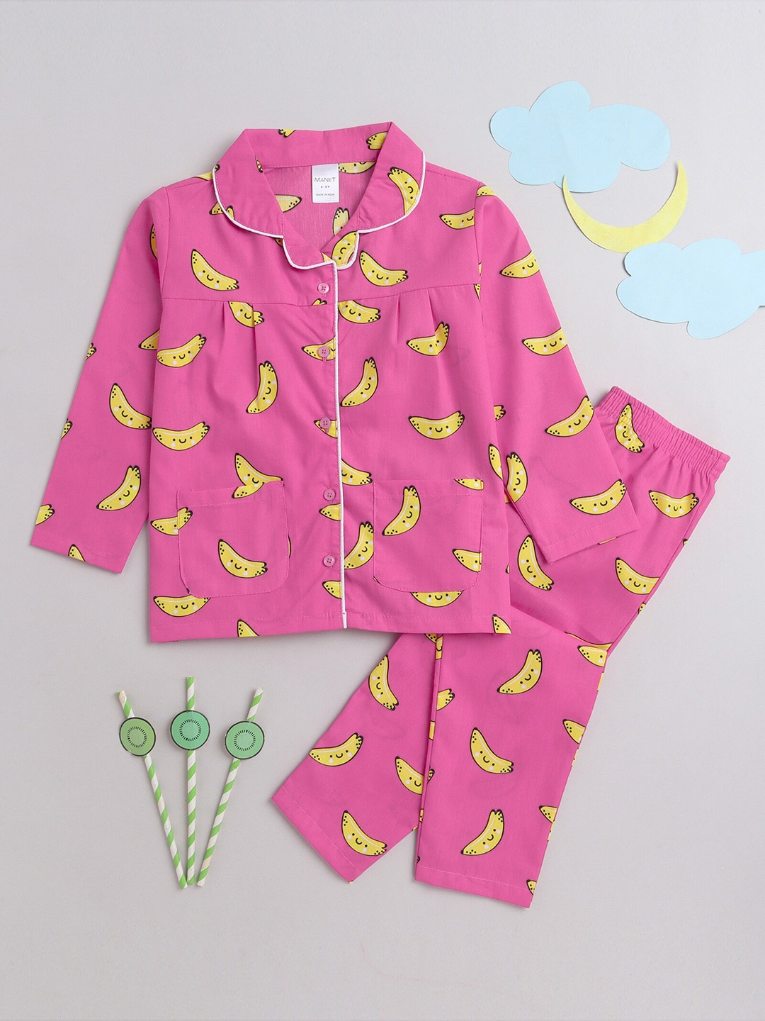 

MANET Girls Conversational Printed Shirt Collar Cotton Night suit, Pink