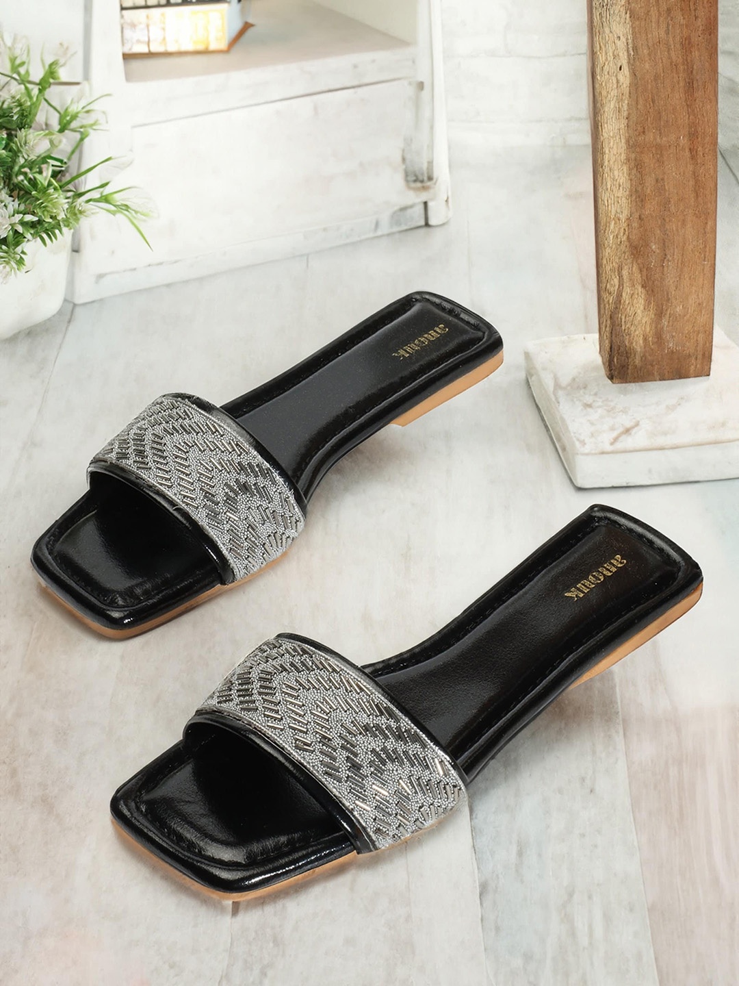 

Anouk Black & Grey Ethnic Embellished Open Toe Flats