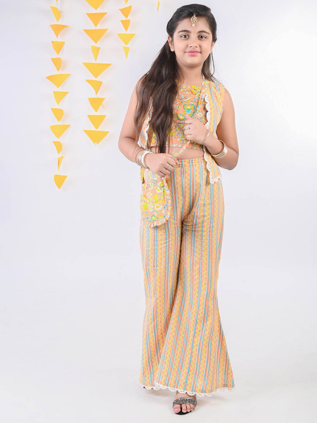 

Budding Bees Girls Printed Pure Cotton Top & Palazzos With Waistcoat, Yellow