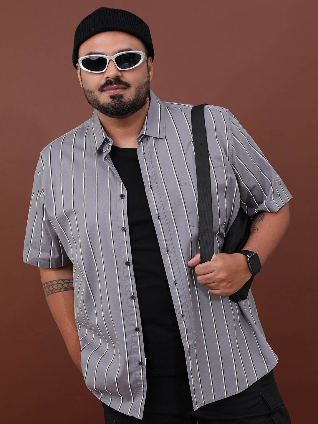

HIGHLANDER Men Plus Size Striped Cotton Casual Shirt, Grey