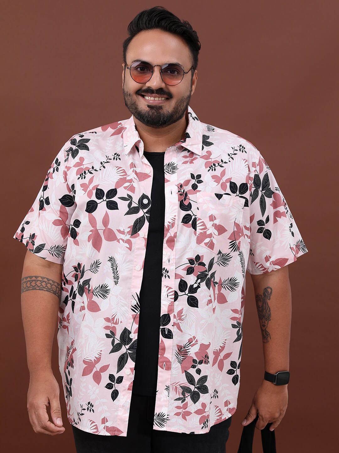 

HIGHLANDER Plus Size Floral Printed Cotton Casual Shirt, Pink