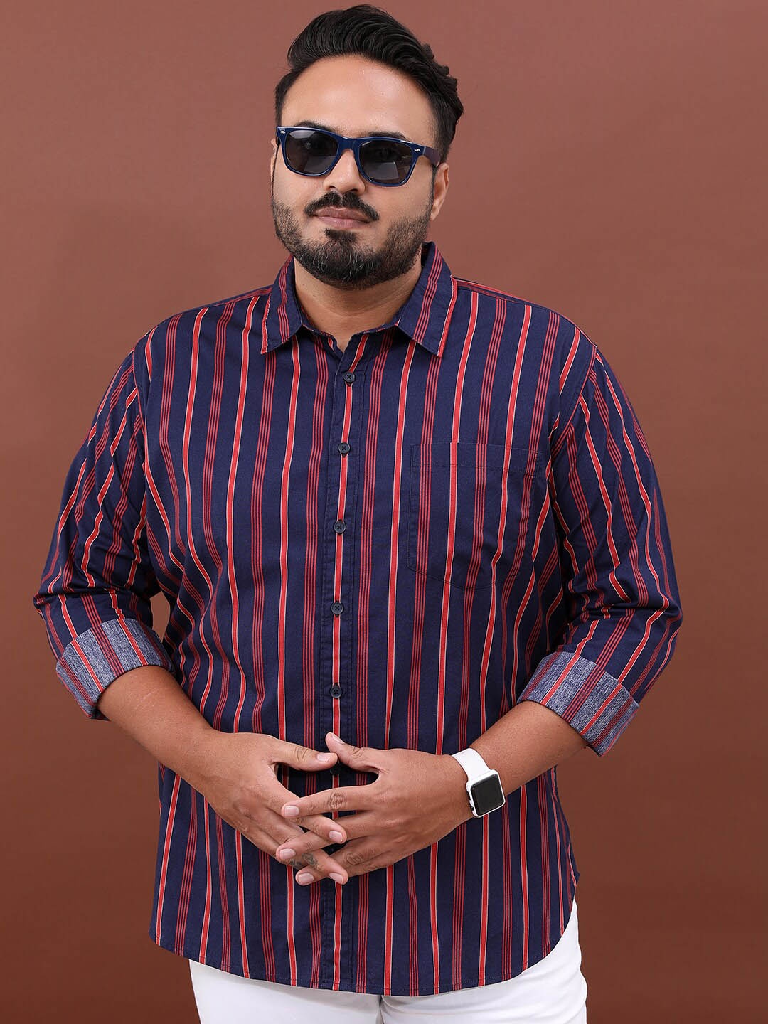 

HIGHLANDER Plus Size Opaque Striped Cotton Casual Shirt, Navy blue