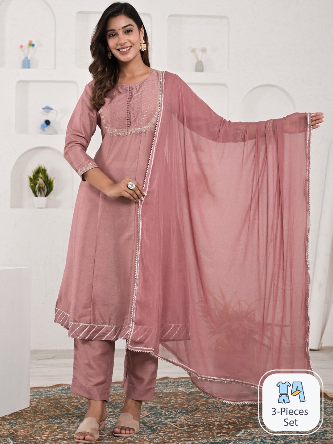 

Ramas Floral Embroidered Sequinned Pure Silk Anarkali Kurta & Trousers With Dupatta, Mauve