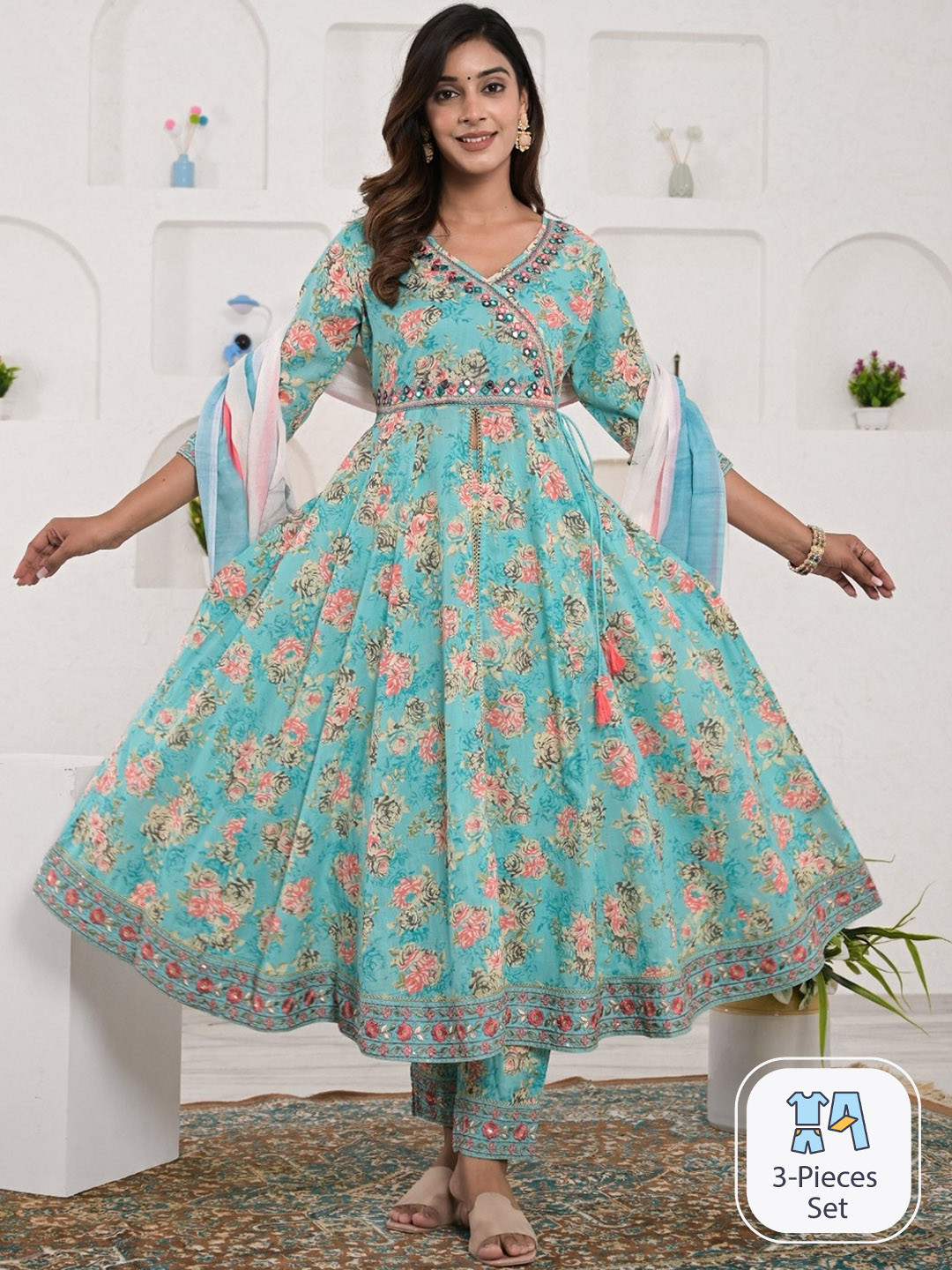 

Ramas Floral Printed Angrakha Pure Cotton Anarkali Kurta & Trousers With Dupatta, Sea green