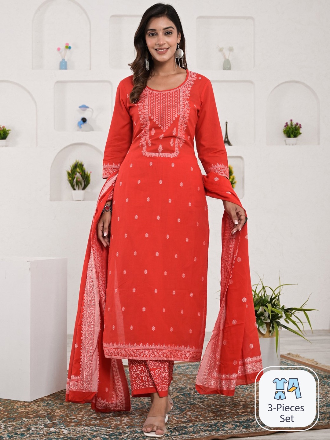 

Ramas Ethnic Motif Woven Design Pure Cotton Kurta & Palazzos With Dupatta, Red