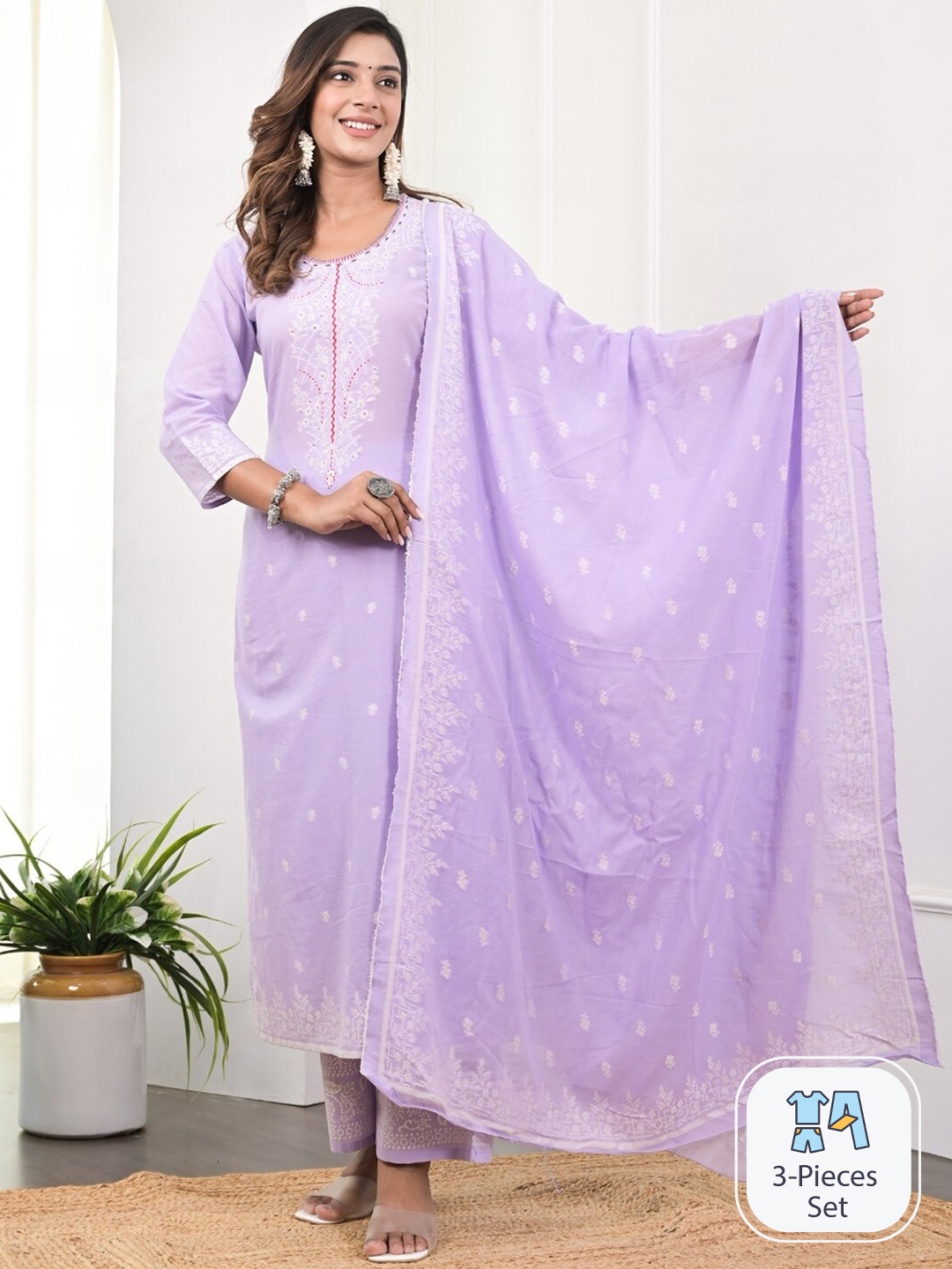 

Ramas Floral Embroidered Regular Thread Work Pure Cotton Kurta With Palazzos With Dupatta, Lavender