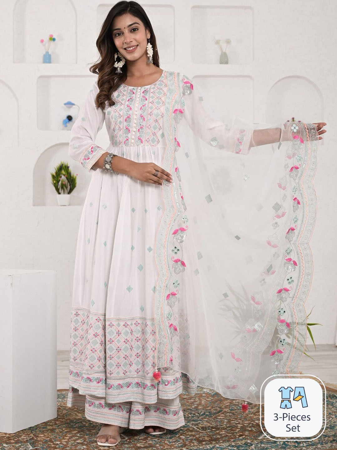 

Ramas Geometric Embroidered Regular Thread Work Anarkali Kurta & Sharara With Dupatta, White