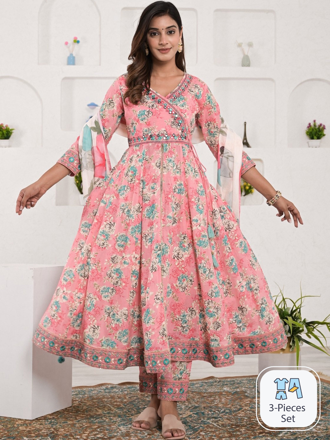 

Ramas Floral Printed Angrakha Pure Cotton Anarkali Kurta & Trousers With Dupatta, Peach