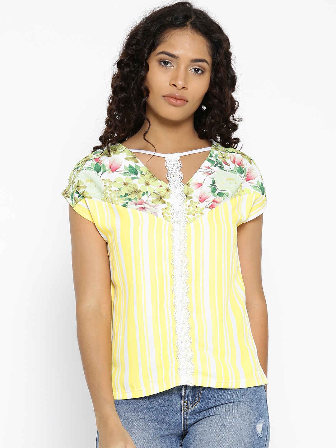 

Madame Women White & Yellow Striped Top