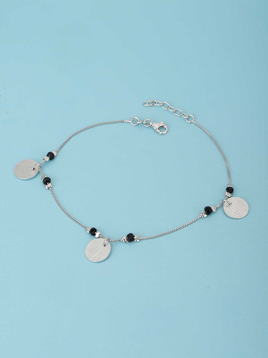 

925 Sterling Silver Rhodium Plated with Glass Bead Charm Adjustable Anklet