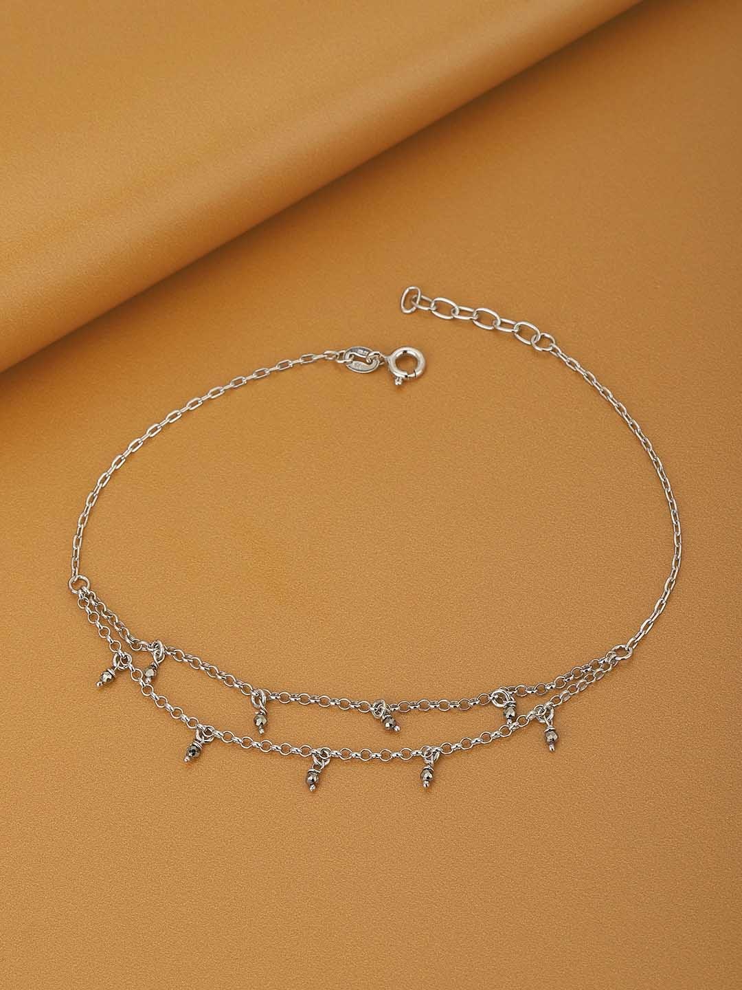 

Carlton London 925 Sterling Silver Rhodium Plated CZ & Glass Bead Chain Adjustable Anklet