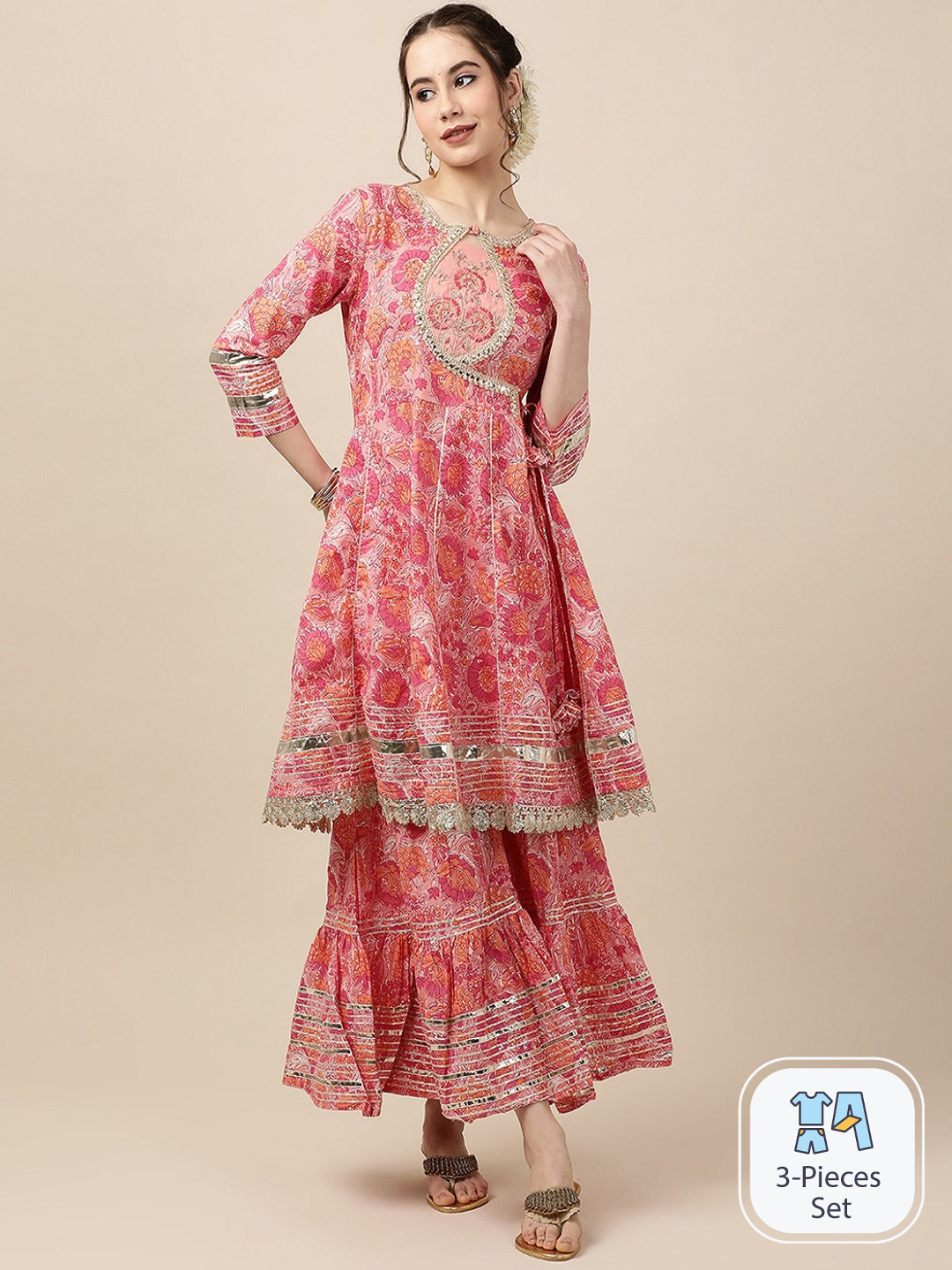 

HERE&NOW Floral Printed Angrakha Gotta Patti Pure Cotton Kurta With Sharara & Dupatta, Pink