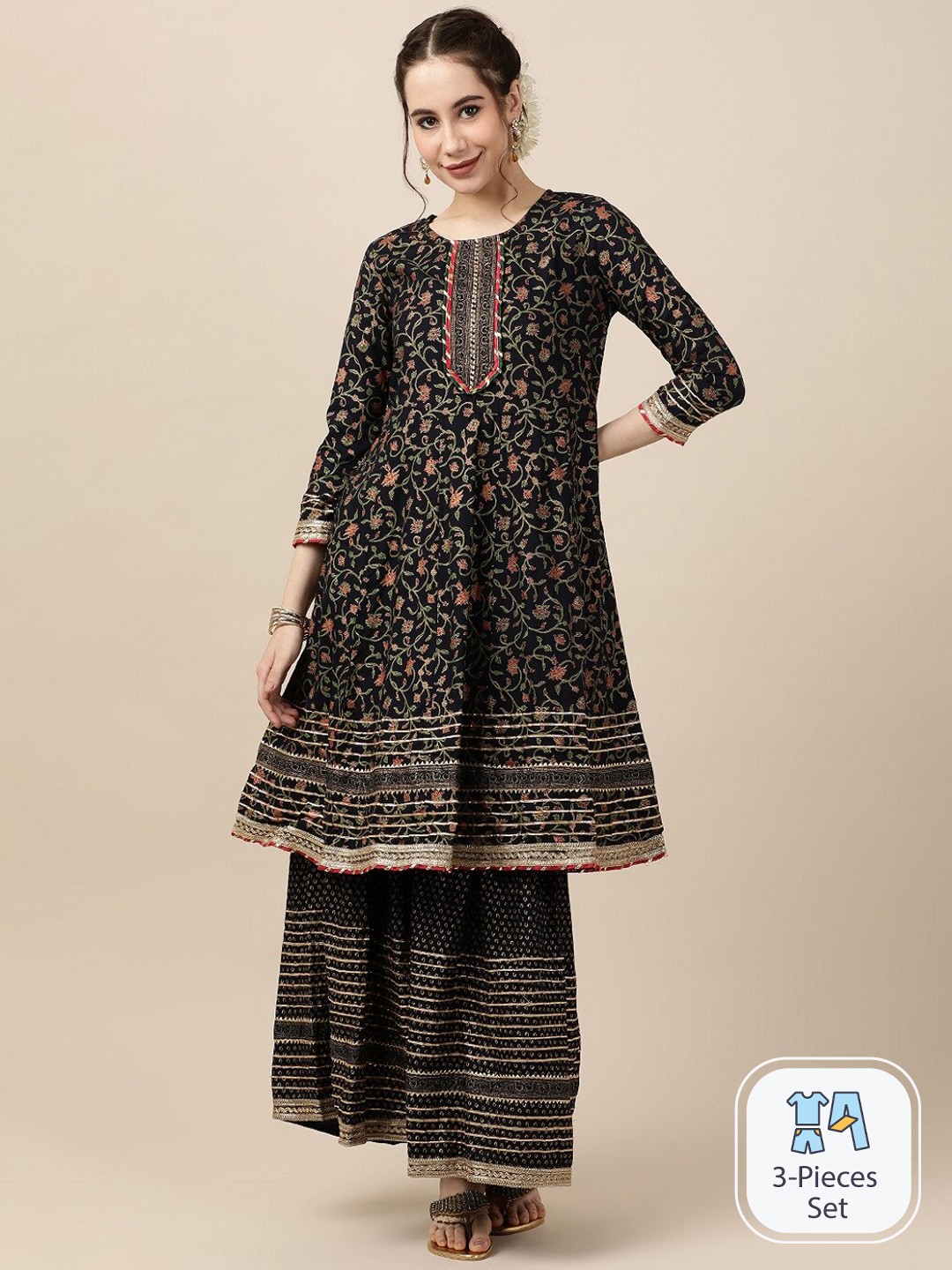 

HERE&NOW Floral Printed Regular Gotta Patti Kurta With Sharara & Dupatta, Navy blue
