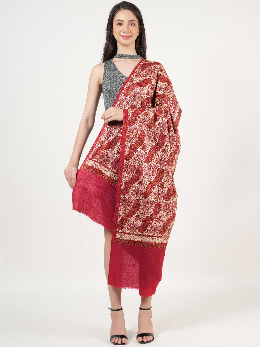 

MUFFLY Embroidered Jaal With Swarovski Crystal Shawl, Maroon