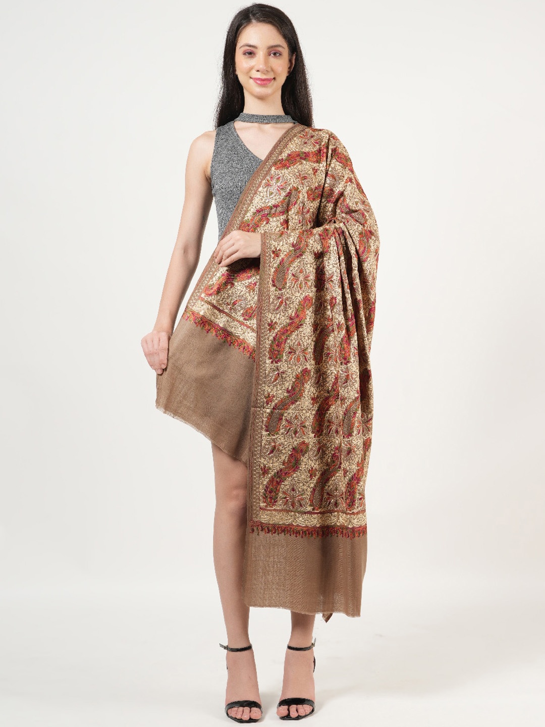 

MUFFLY Floral Embroidered Pure Wool Shawl, Beige