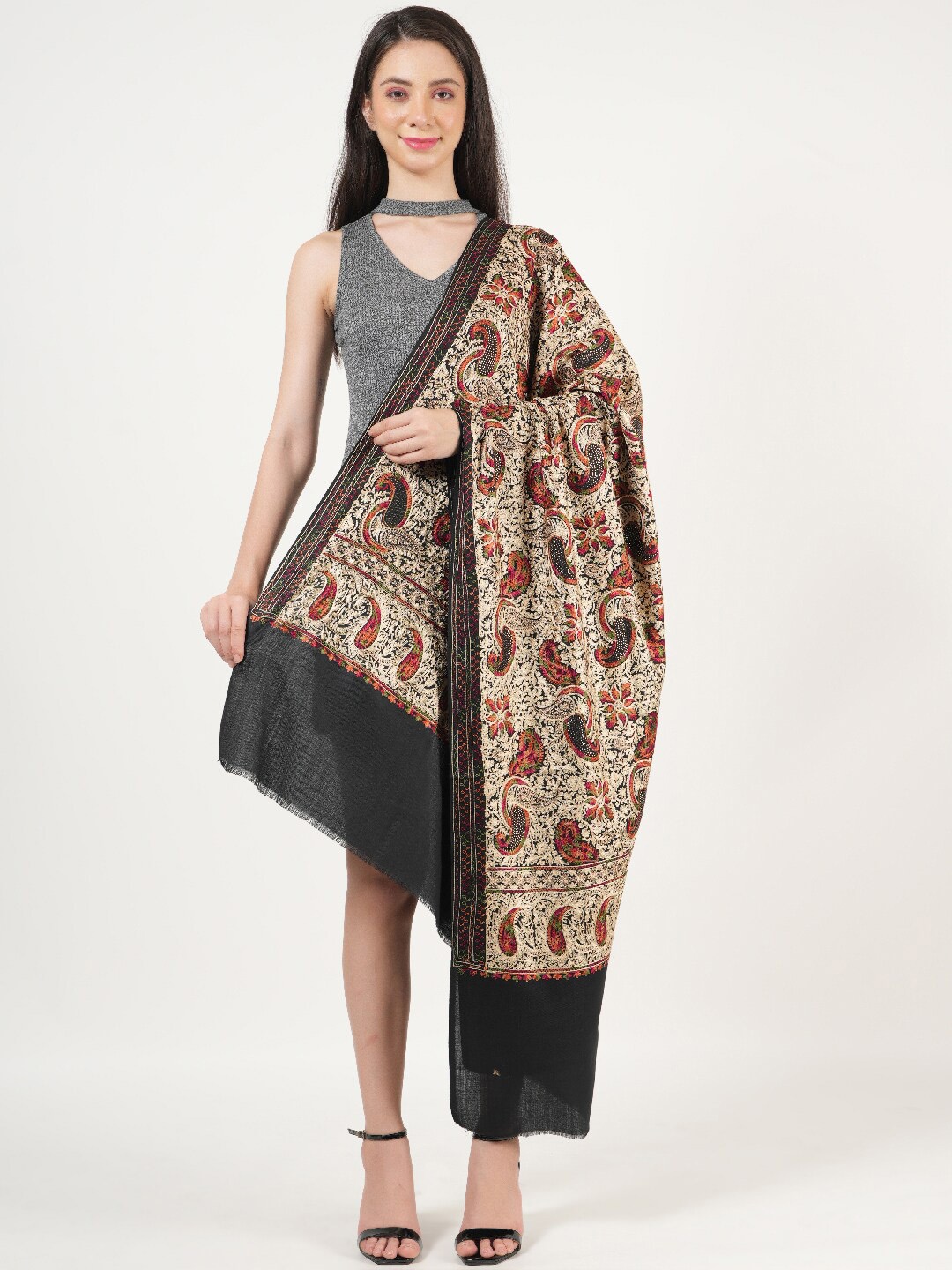 

MUFFLY Ethnic Motifs Embroidered Jaal With Swarovski Crystal Shawl, Black