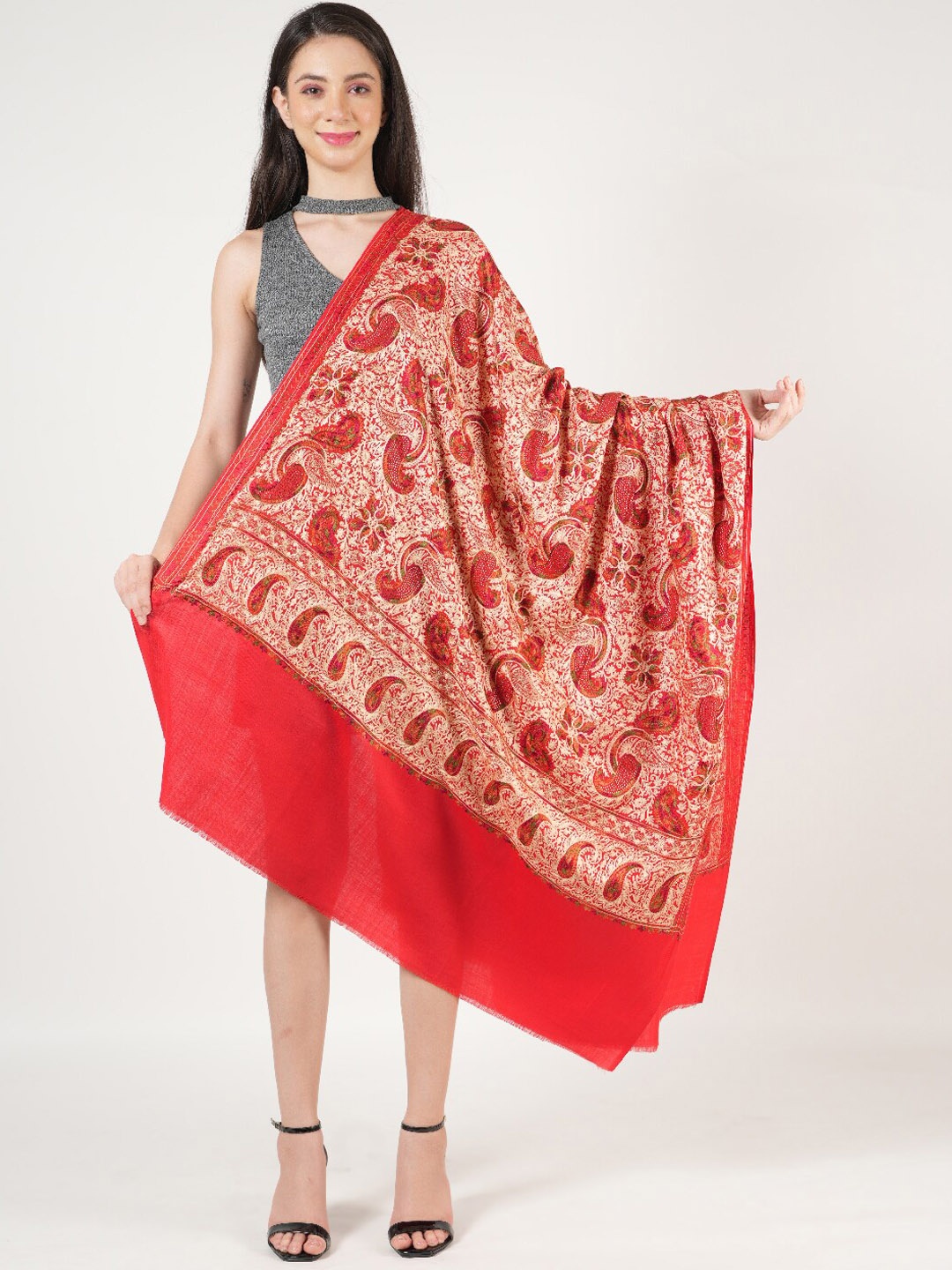 

MUFFLY Floral Embroidered Pure Wool Shawl, Red