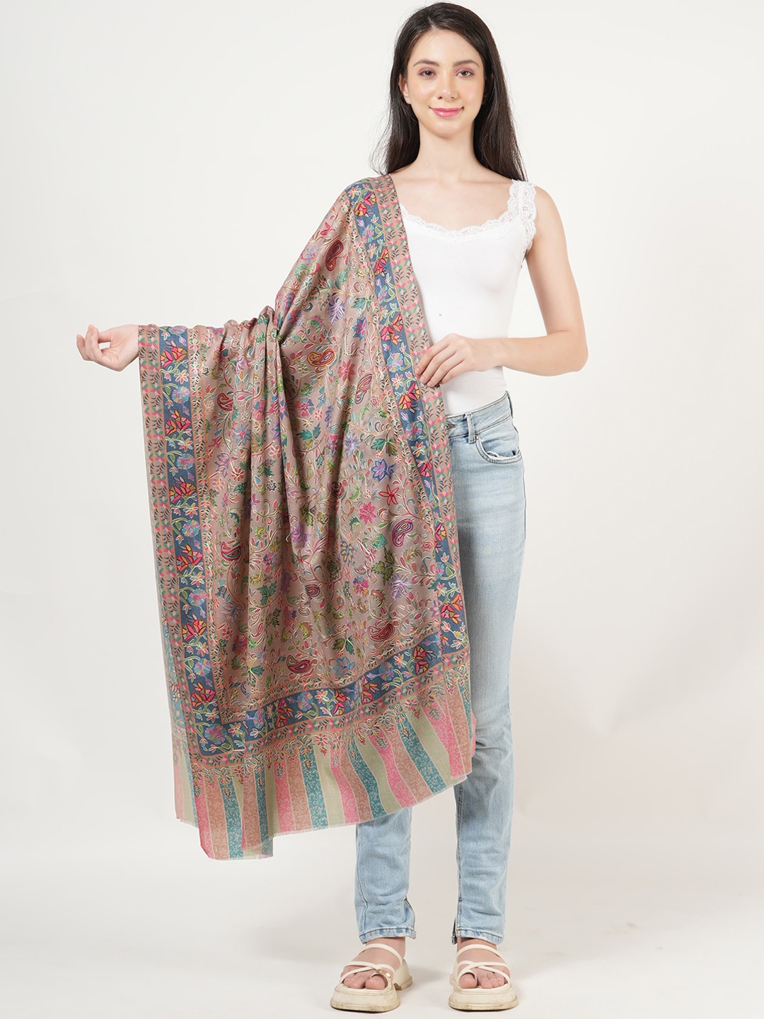 

MUFFLY Kalamkari Ethnic Motifs Printed Woollen Shawl, Brown