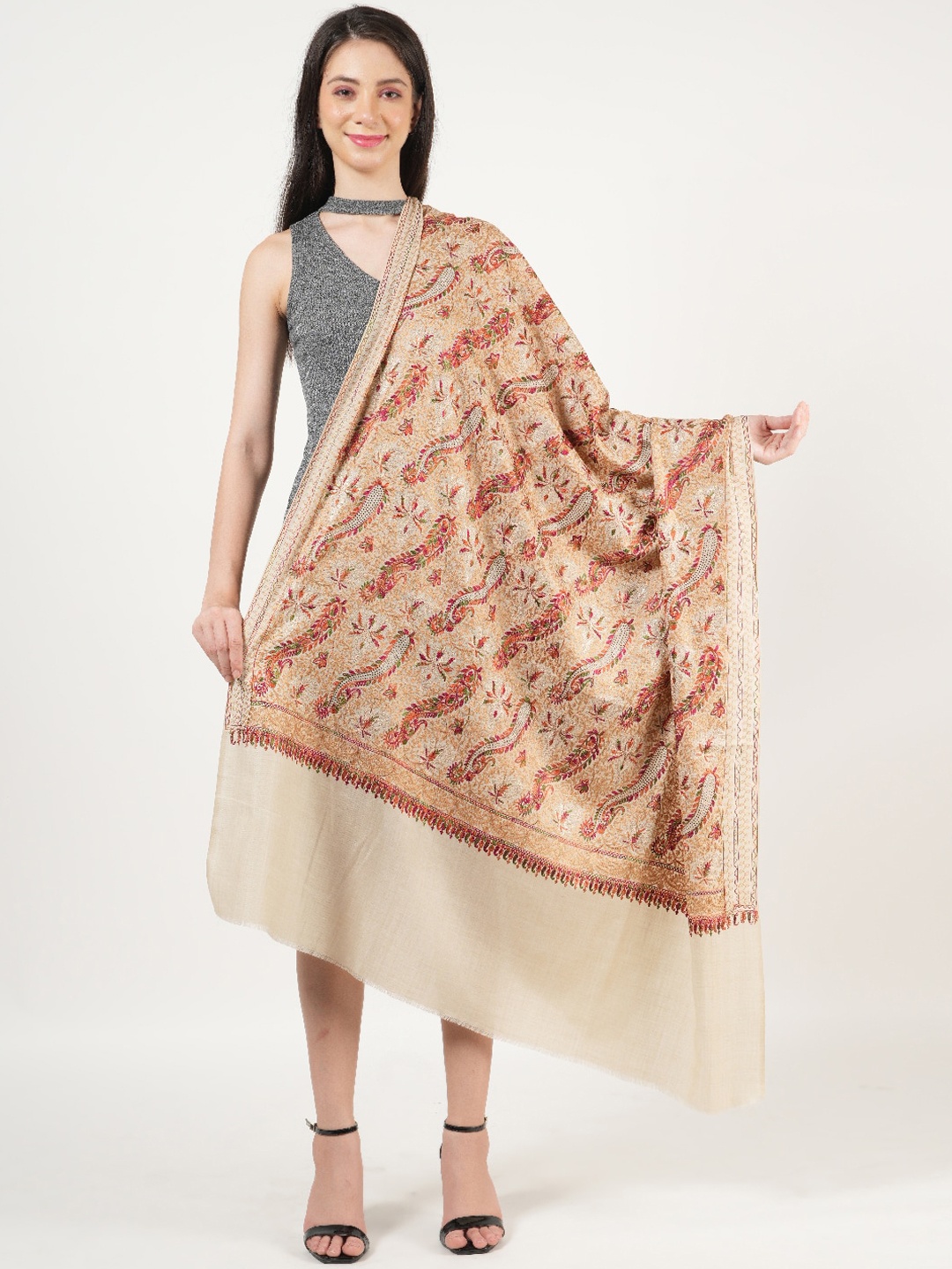 

MUFFLY Floral Embroidered Pure Wool Shawl, Cream