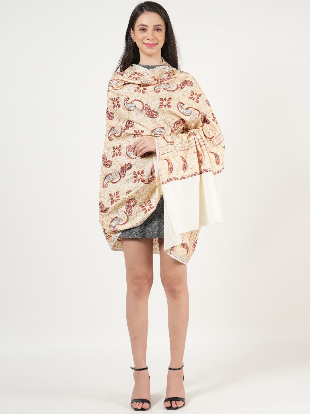 

MUFFLY Embroidered Jaal With Swarovski Crystal Shawl, White