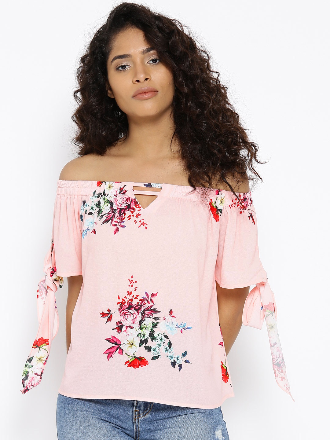 

Madame Women Peach-Coloured Printed Bardot Top