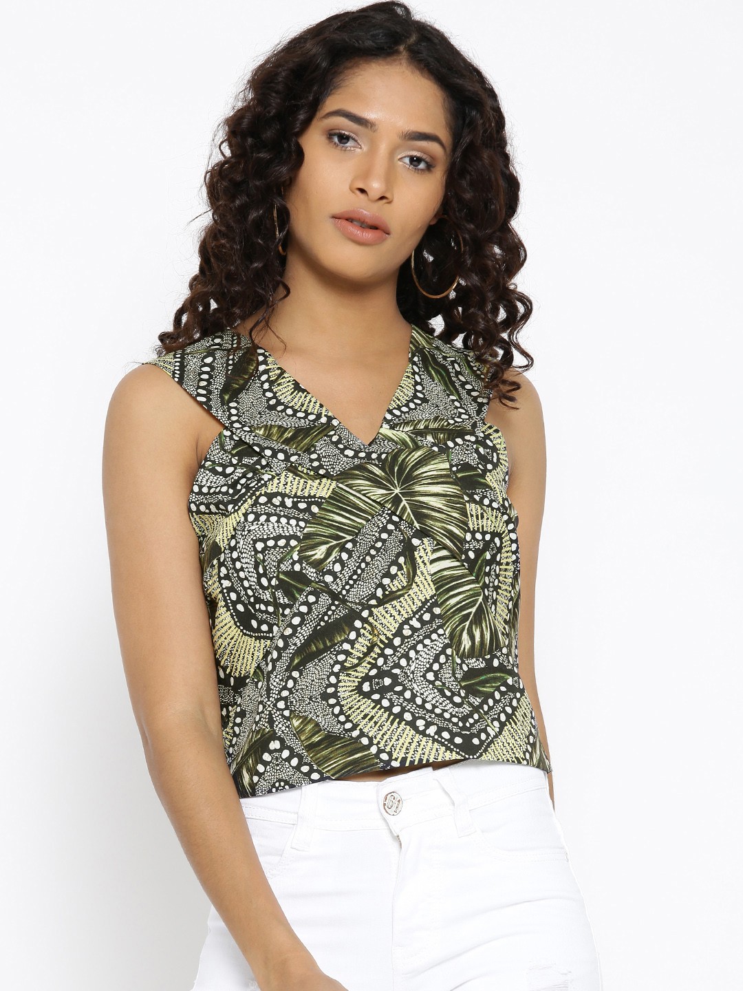 

Madame Women Black & Olive Green Printed Crop Top