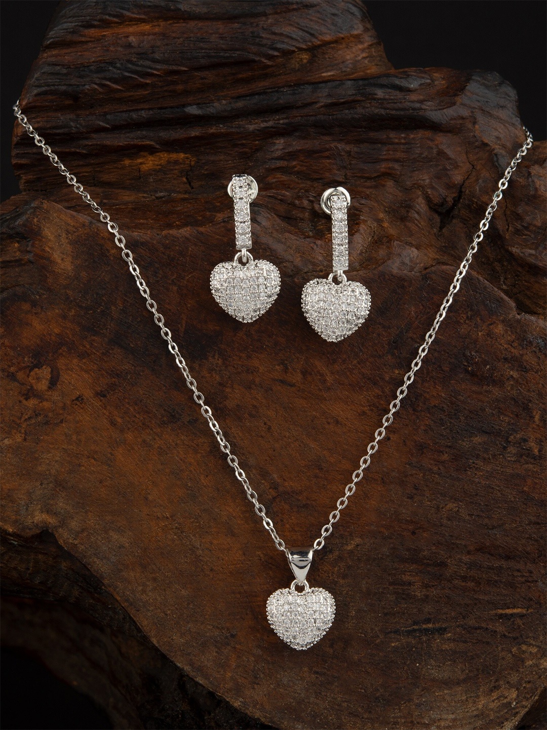 

E2O Rhodium-Plated Heart CZ-Studded Jewellery Set, Silver