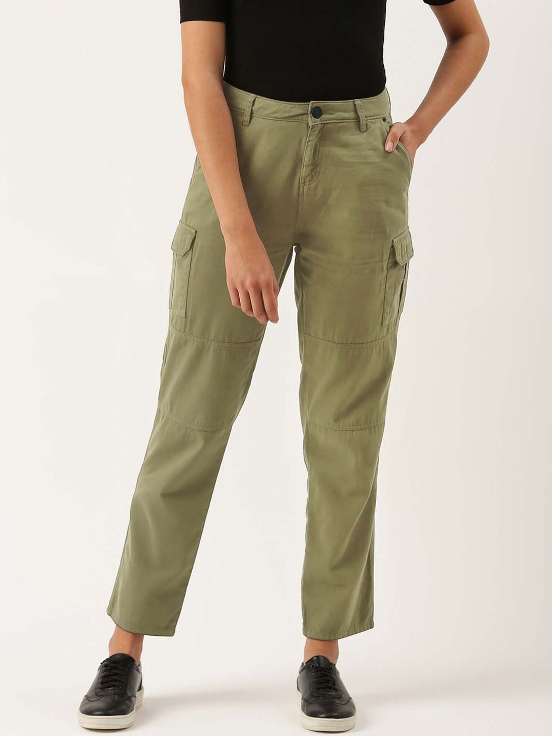 

IVOC Women Mid Rise Slim Fit Over Dyed Pure Cotton Cargos, Olive