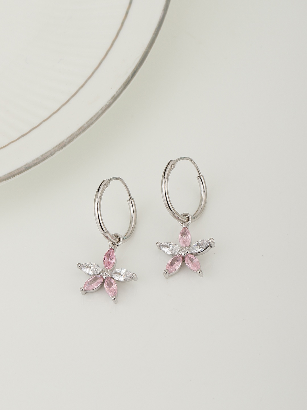 

Carlton London Pair Of 2 Rhodium-Plated Floral 925 Sterling Silver CZ Hoop Earrings