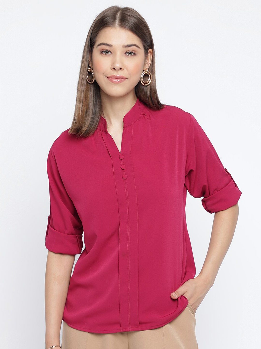 

Mayra Mandarin Collar Roll Up Sleeves Shirt Style Top, Maroon