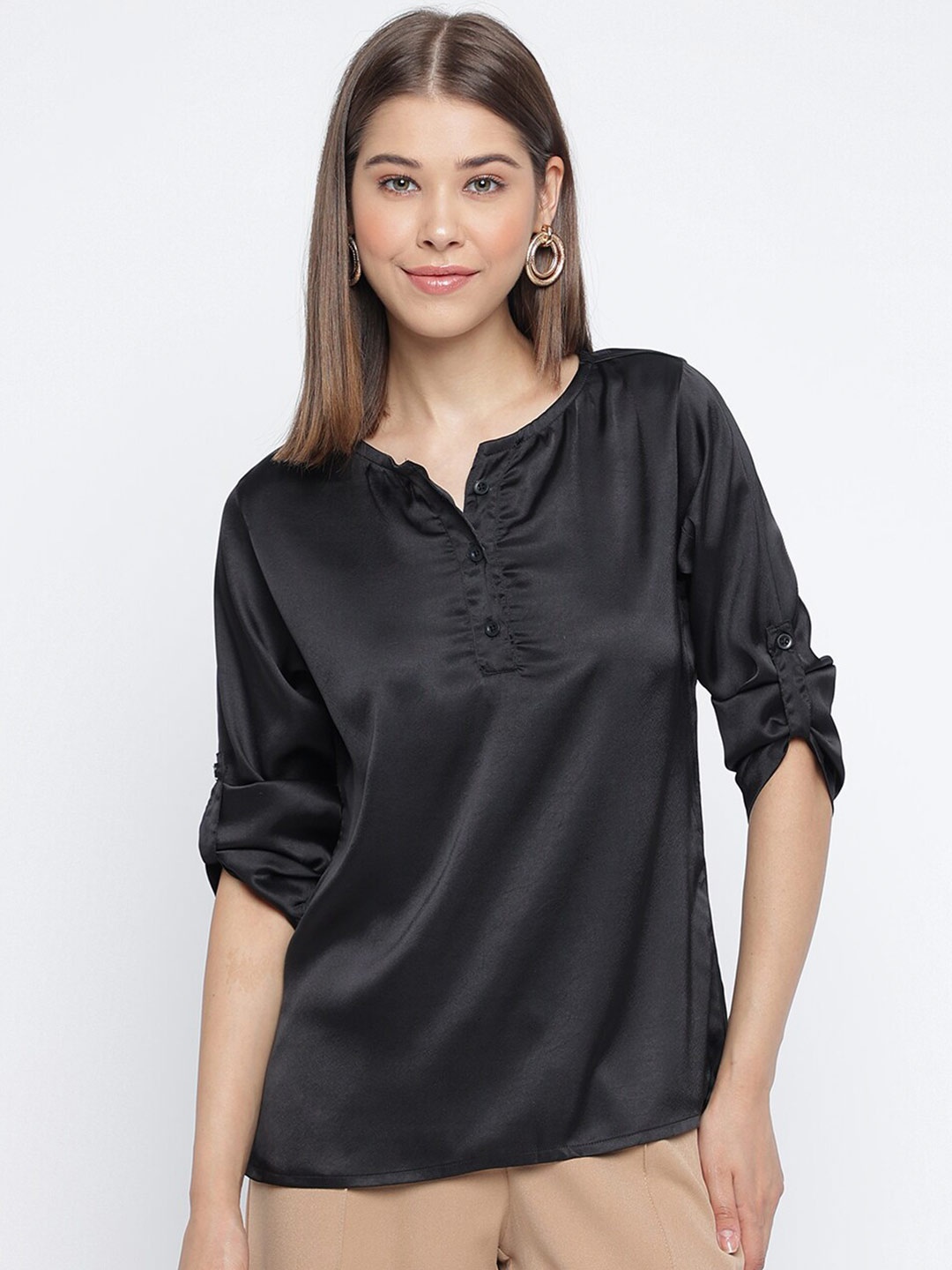 

Mayra Roll Up Sleeves Ruched Detail Regular Top, Black