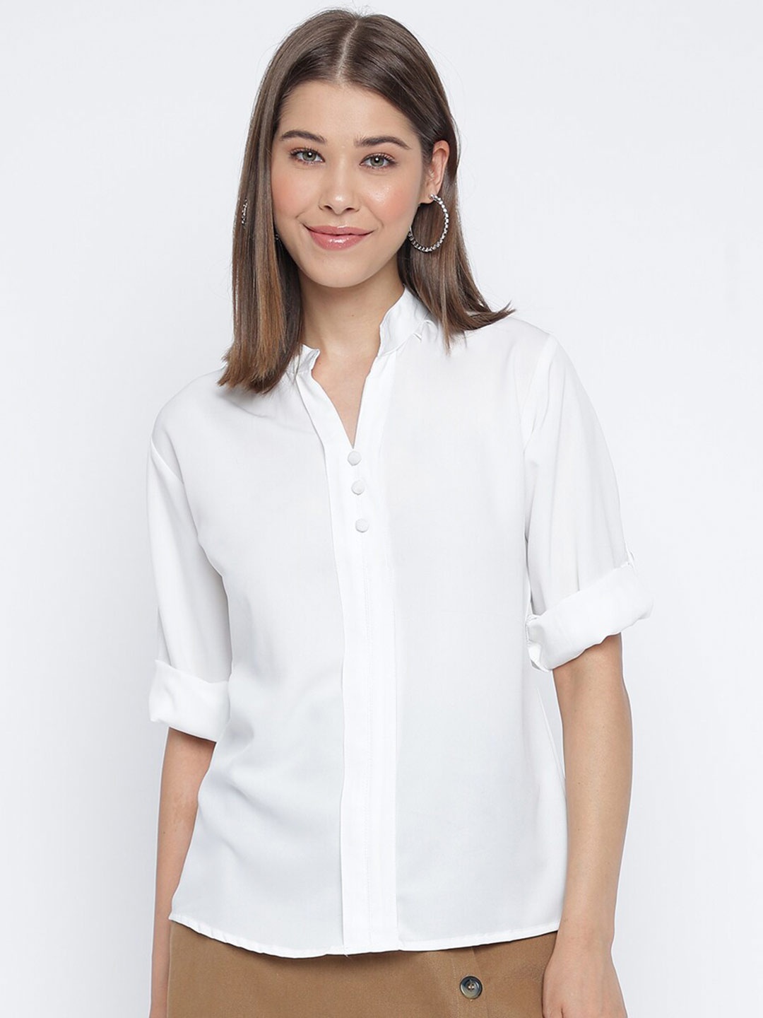 

Mayra Mandarin Collar Roll-Up Sleeves Shirt Style Top, White