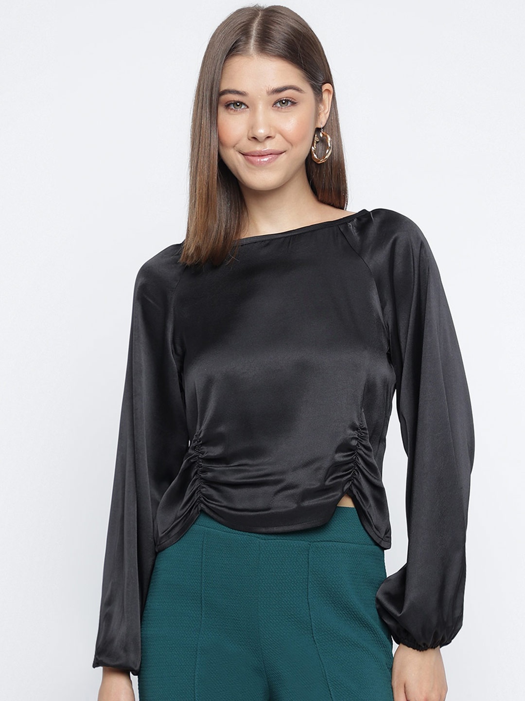 

Mayra Raglan Sleeves Ruched Top, Black