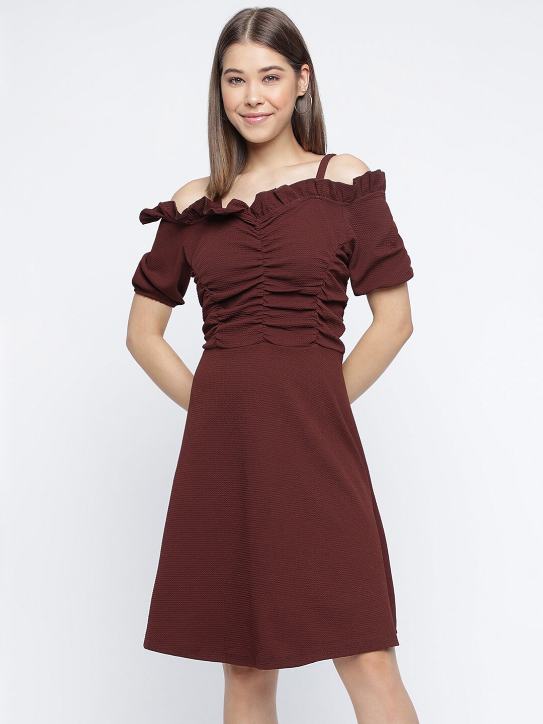 

Mayra Off-Shoulder Cold-Shoulder Sleeves Gathered Fit & Flare Dress, Brown