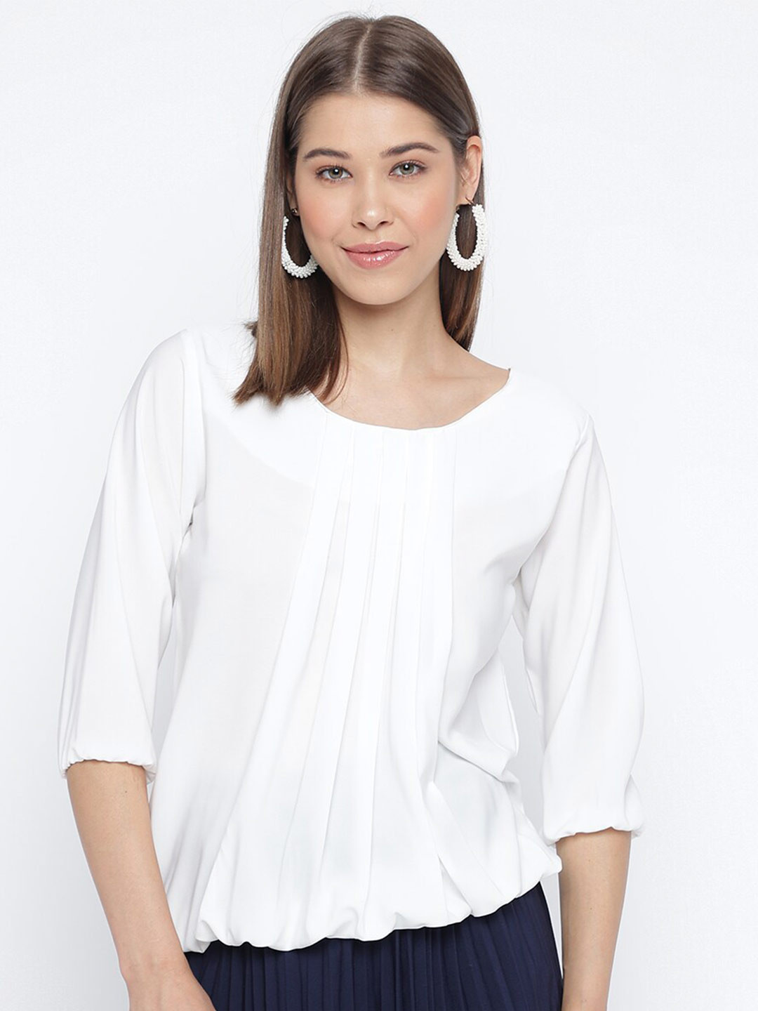 

Mayra Round Neck Pleated Regular Top, White
