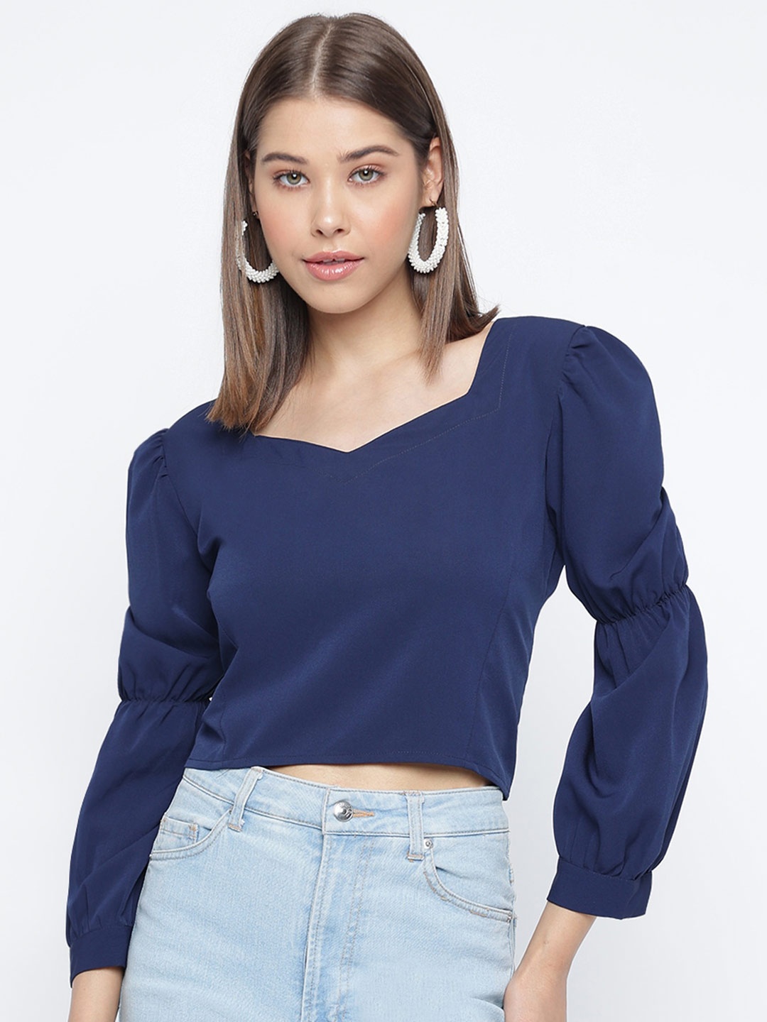 

Mayra Sweetheart Neck Puff Sleeve Styled Back Crop Top, Navy blue