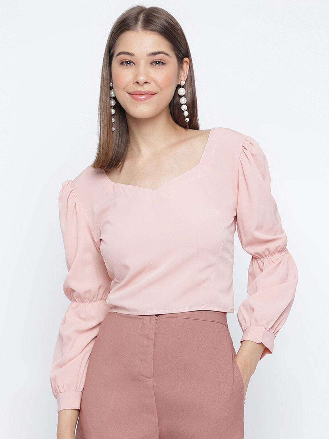 

Mayra Puff Sleeves Sweet Heart Neck Regular Top, Pink