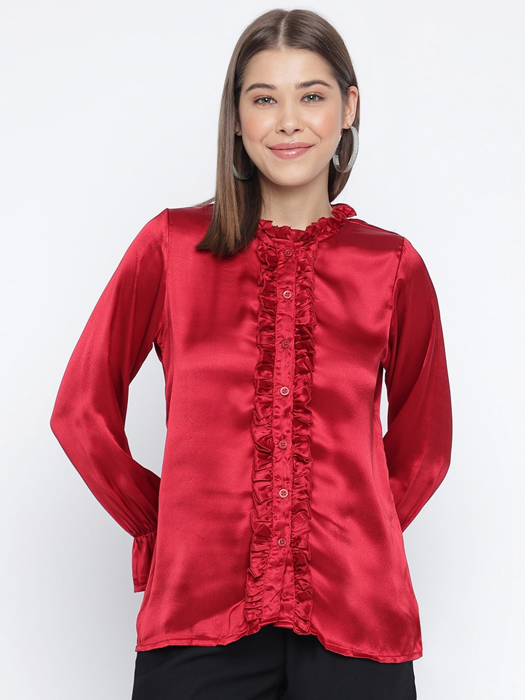 

Mayra Frills Detail Mandarin Collar Shirt Style Top, Red