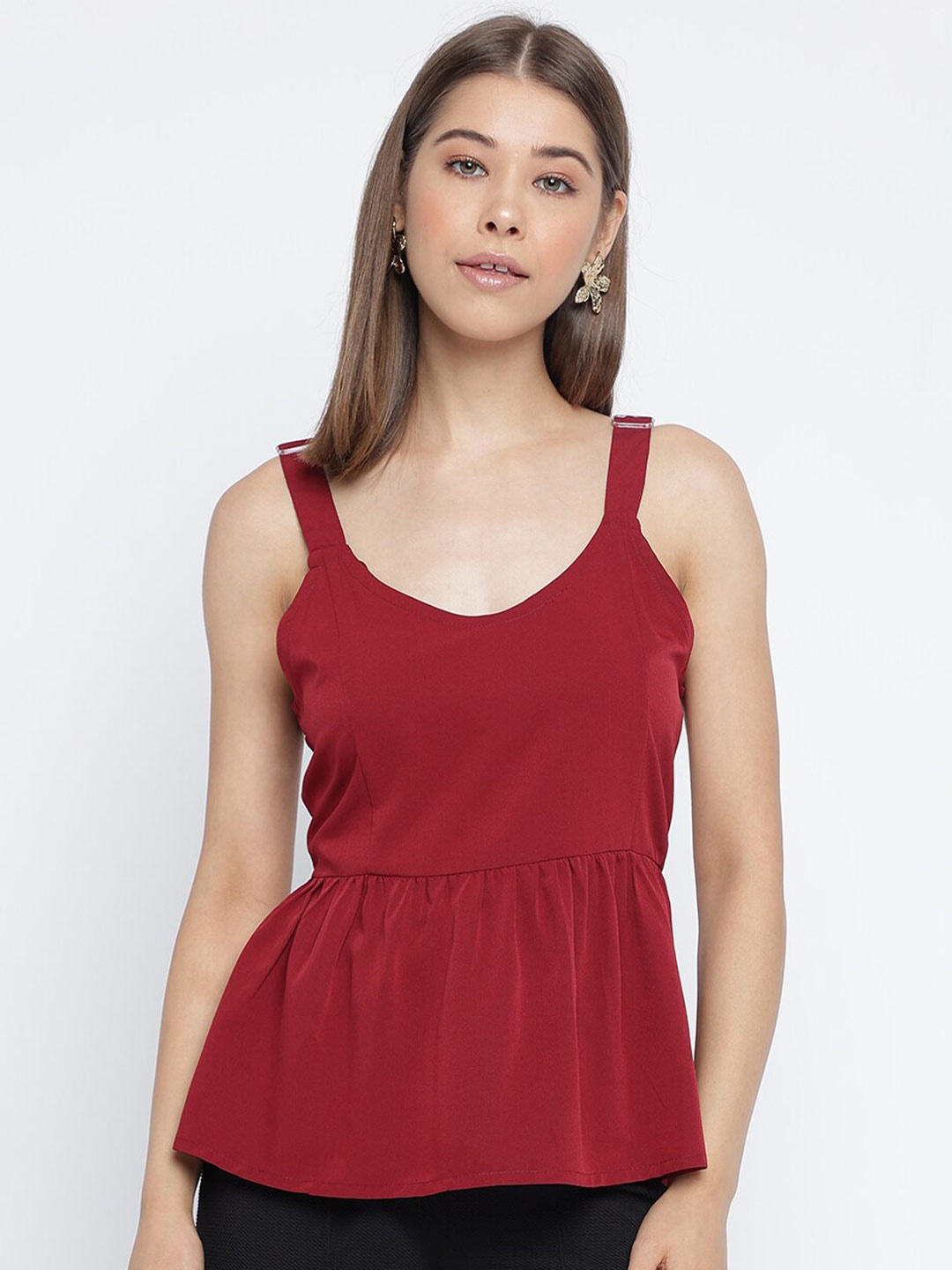 

Mayra Shoulder Strapped Crepe Peplum Top, Maroon