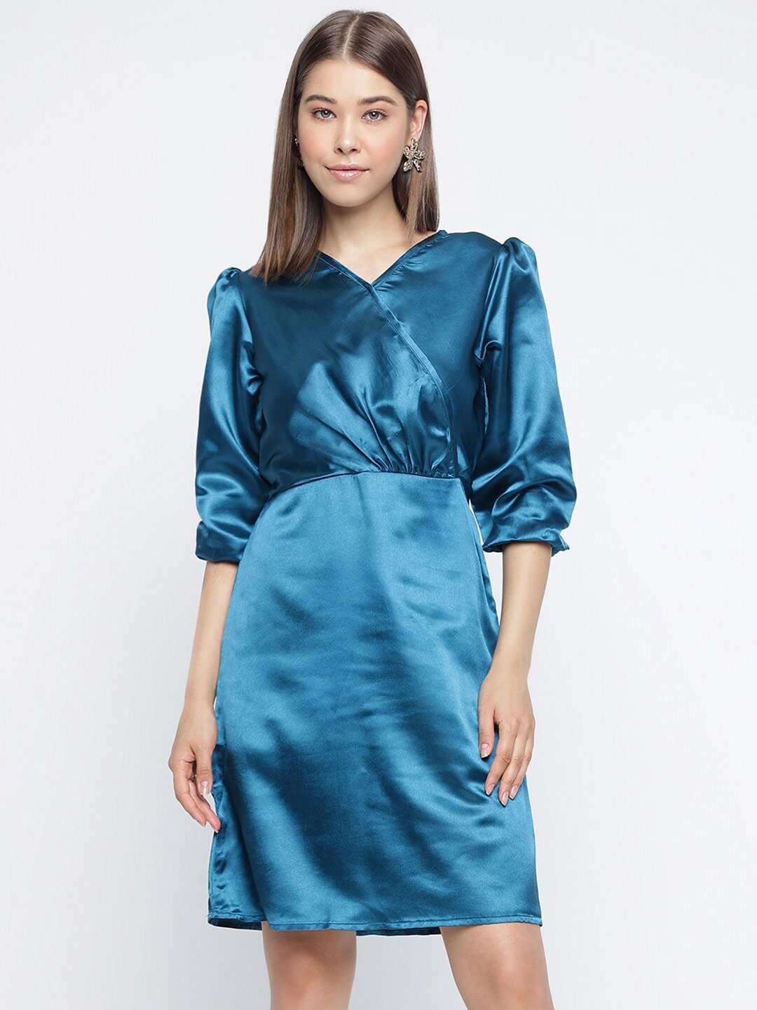 

Mayra Puff Sleeves Satin A-Line Dress, Teal