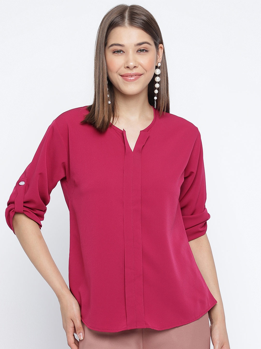 

Mayra Roll-Up Sleeves Regular Top, Maroon