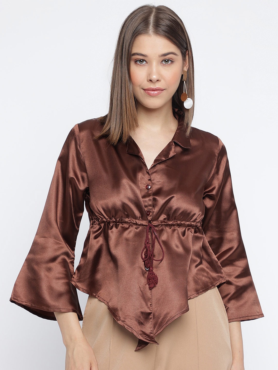 

Mayra Shirt Collar Cinched Waist Top, Brown