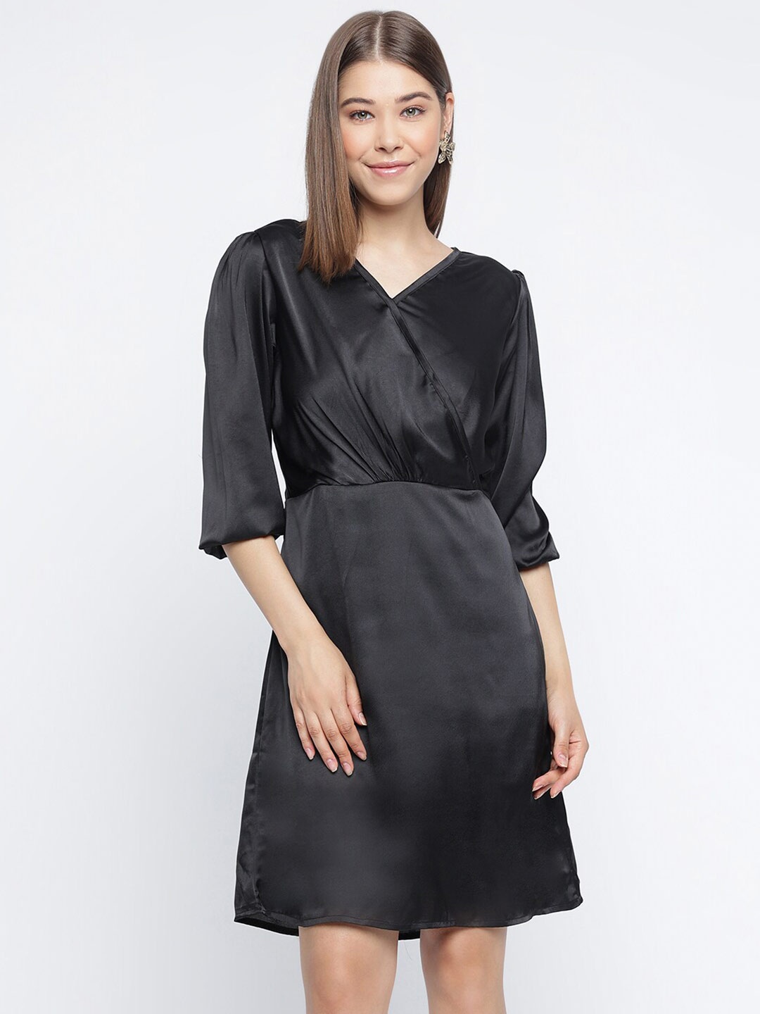 

Mayra V-Neck Puff Sleeve Pleated Satin Casual Wrap Dress, Black