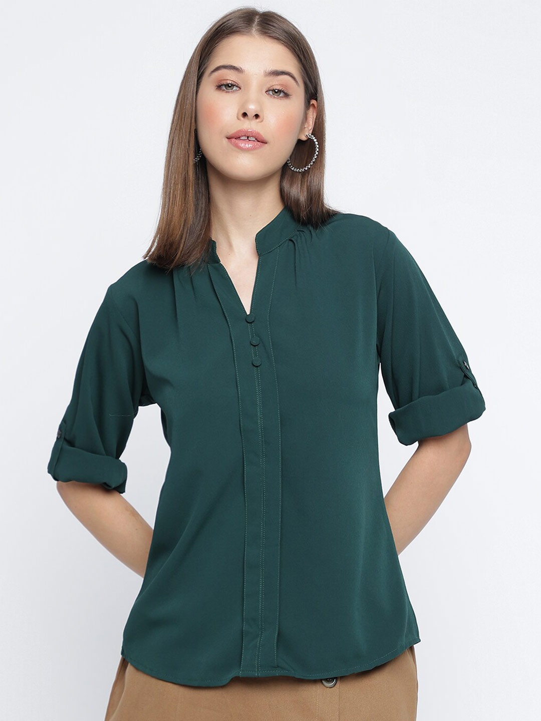 

Mayra Mandarin Collar Roll-Up Sleeves Shirt Style Top, Green