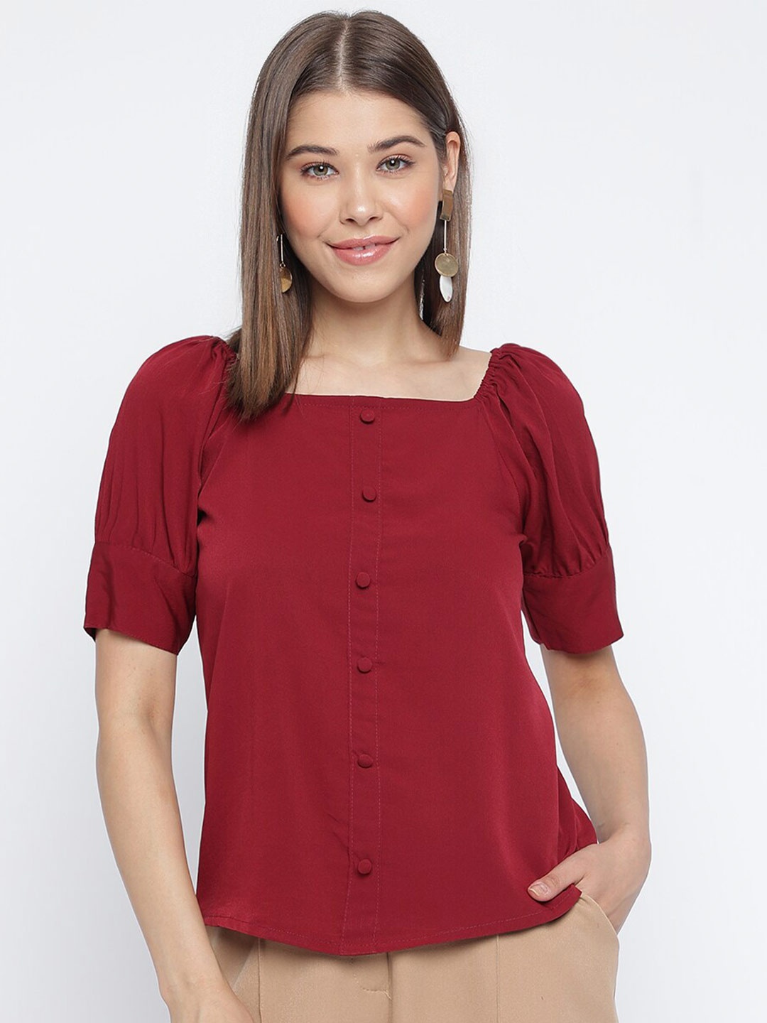 

Mayra Maroon Puff Sleeve Regular Top