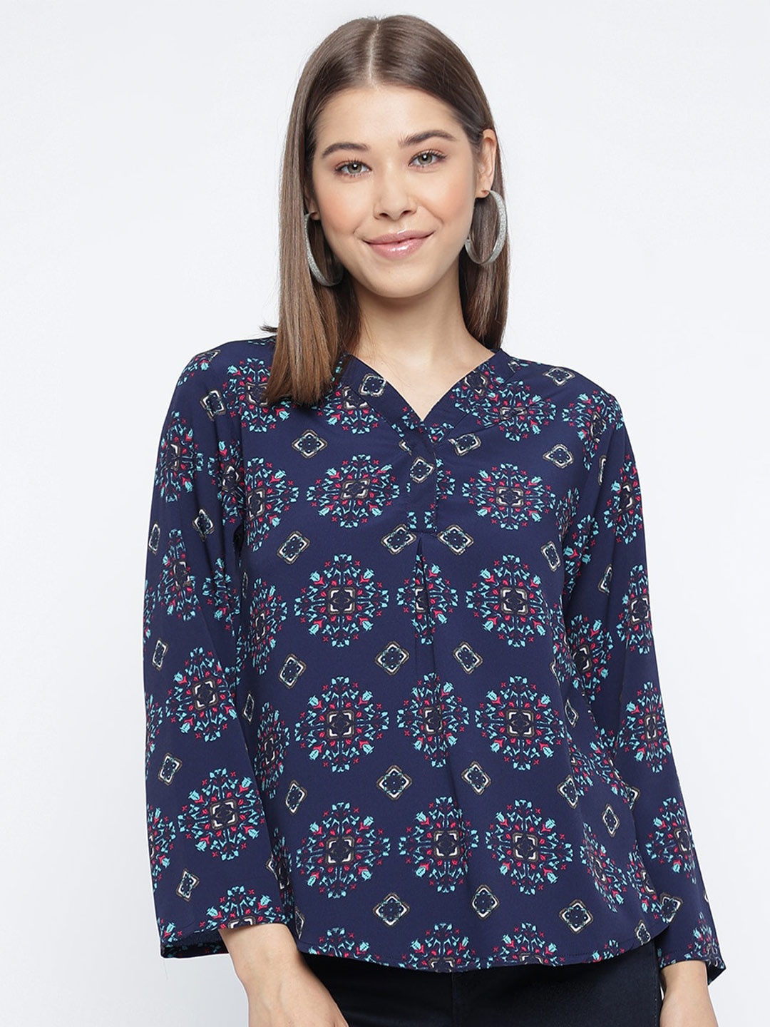 

Mayra Ethnic Motifs Printed V-Neck Top, Navy blue