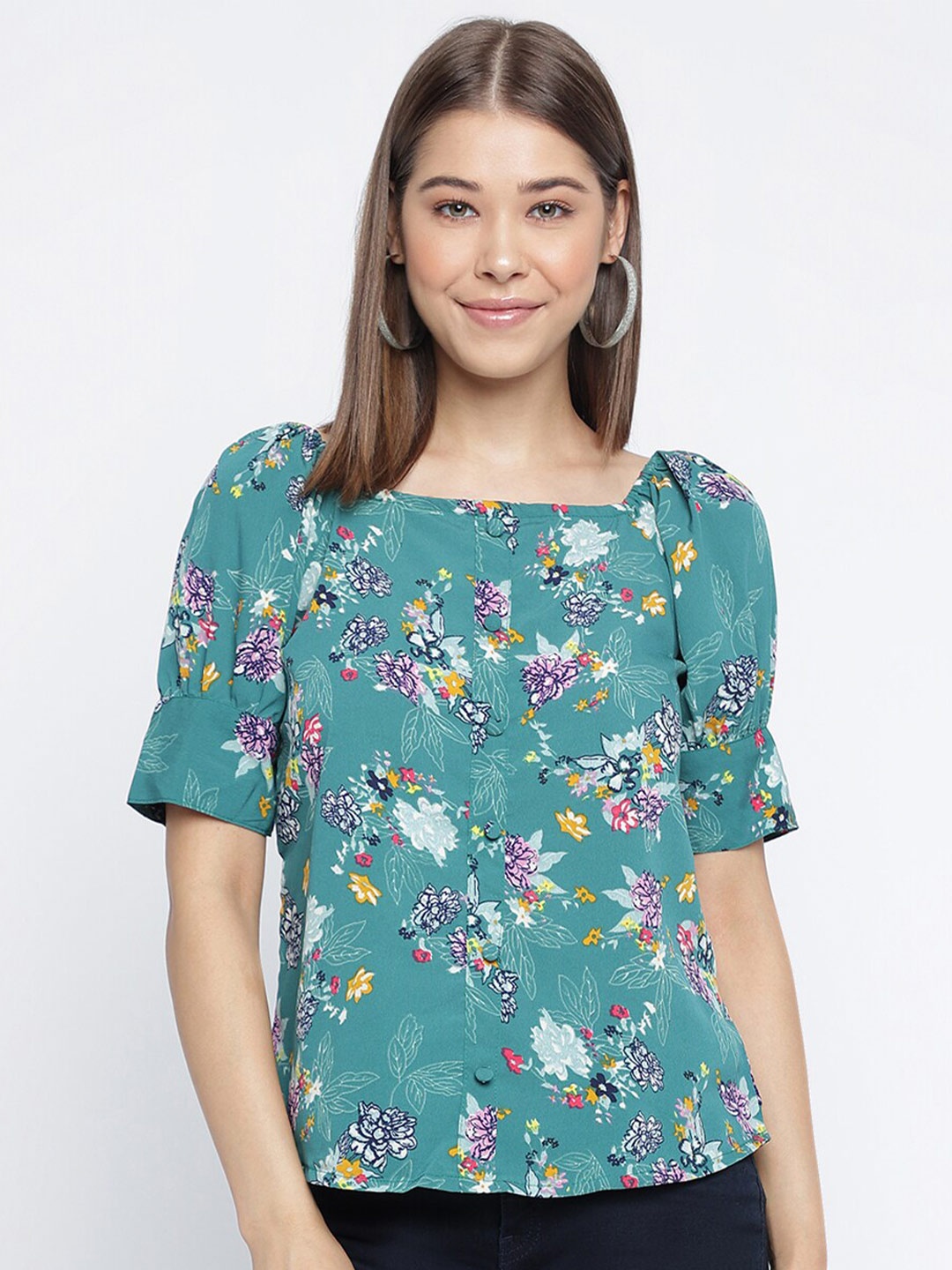 

Mayra Floral Print Puff Sleeve Regular Top, Green