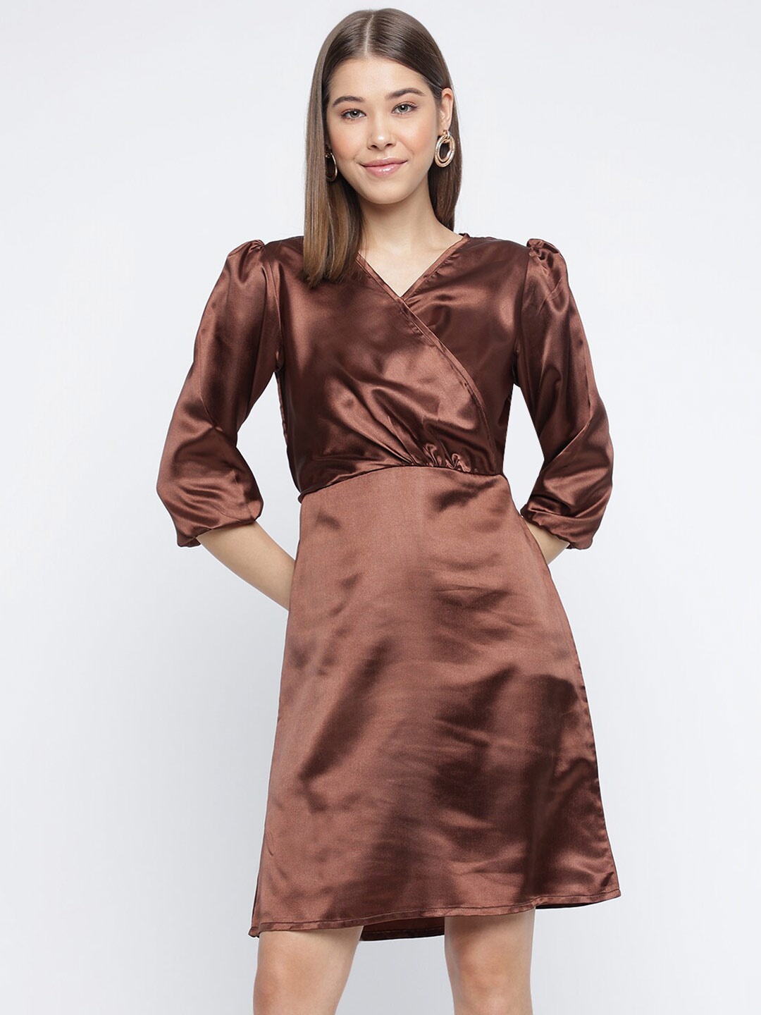 

Mayra V-Neck Puff Sleeve Pleated Satin Casual Wrap Dress, Coffee brown