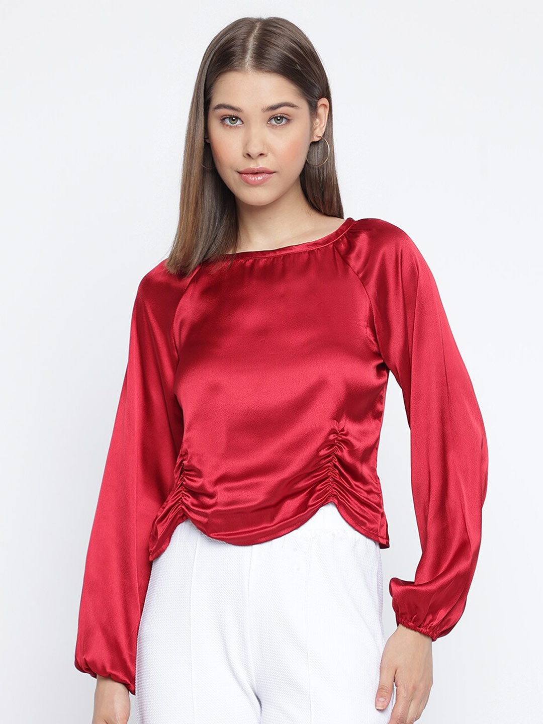 

Mayra Boat Neck Puff Sleeves Ruched Top, Maroon