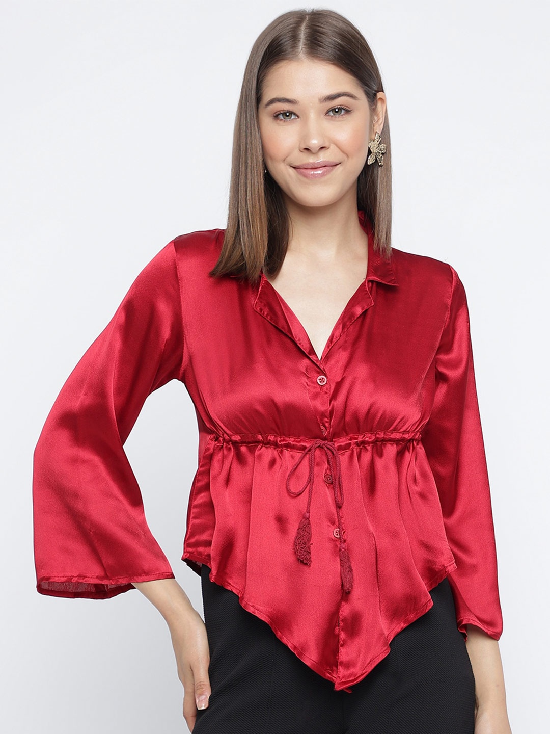 

Mayra Satin Shirt Style Top With Waist Tie-Up, Maroon